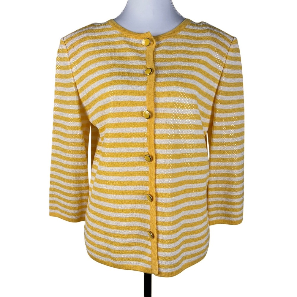 St John Knit Sequined Cardigan Womens 6 Yellow White Striped Vintage Y2K USA